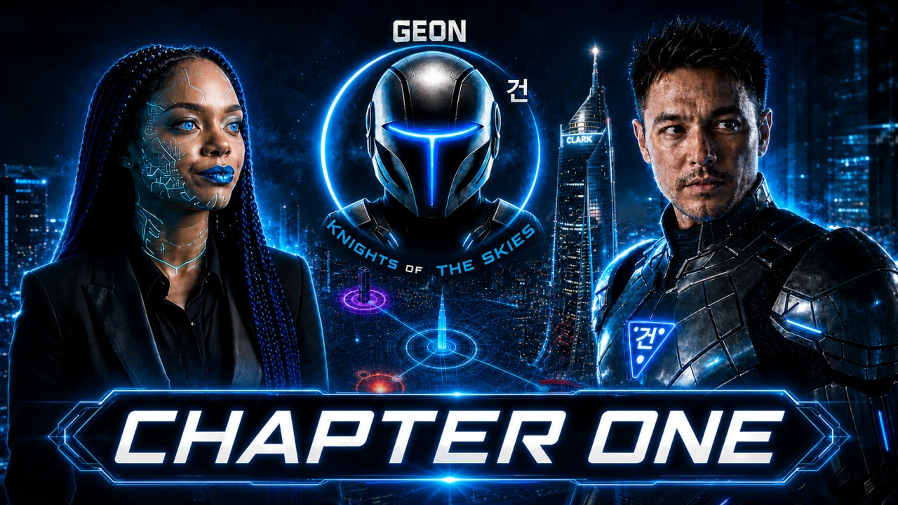 GEON: Knights of the Skies Chapter One official YouTube thumbnail featuring Jazmine, the GEON helmet, Clark Tower, and Geon Clark